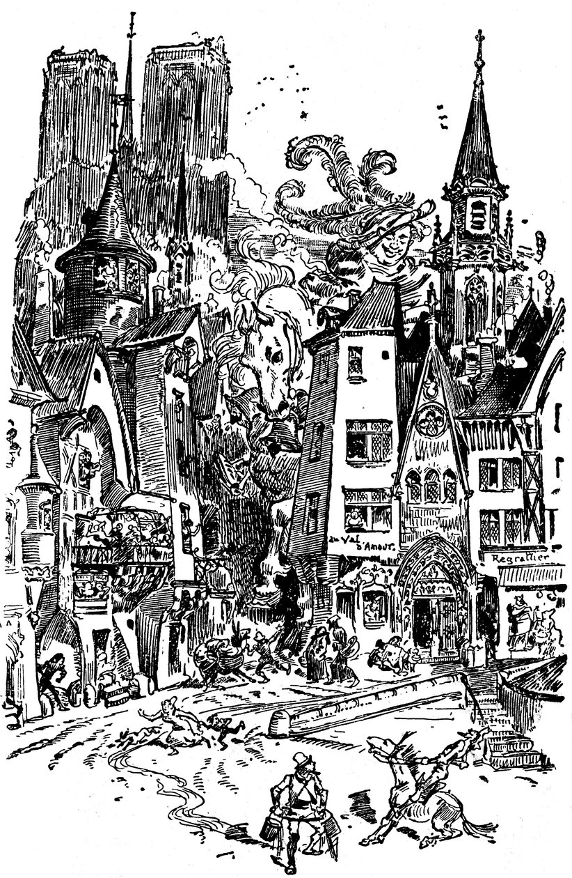 O gigante Gargantua atravessa Paris, semeando o pânico e a destruição no seu caminho. Aprende a cuspir na Catedral de Notre Dame de Paris, cujas torres ao fundo se distinguem. Com este cuspo, mais de 3000 parisienses morrerão afogados! Ilustração de Albert Robida