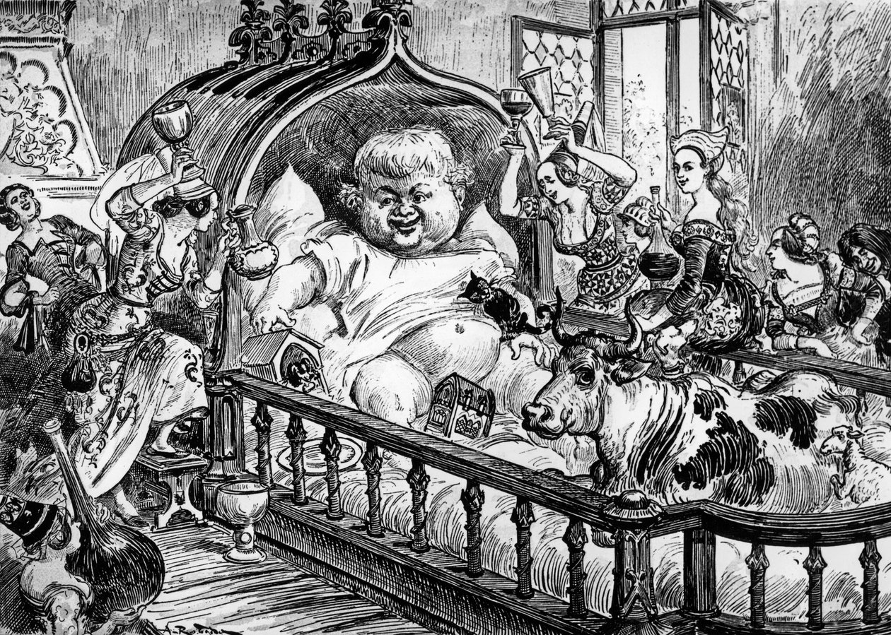Grandes et inestimables chroniques du grand et enorme geant Gargantua obra anónima que inspirou François Rabelais para "Pantagruel" em 1532, gravura de Albert Robida : aqui Gargantua em bebé de Albert Robida