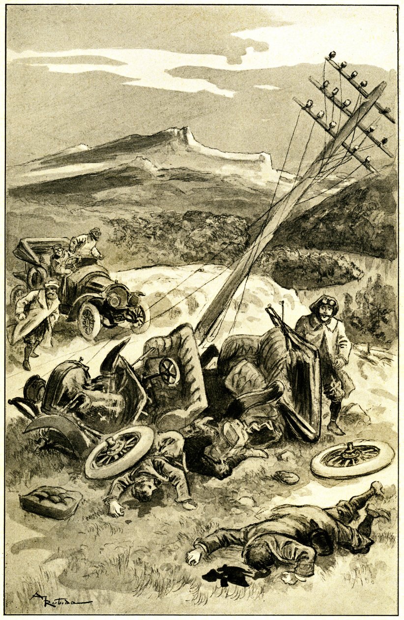 Ilustração de Albert Robida (1848-1926) para o livro de Leon Berthault "Le record du tour du monde", edição Mame do início do século XX (1911) - um acidente de viação por volta de 1900: um automóvel embate num poste da linha telegráfica. Os passageiros são de Albert Robida