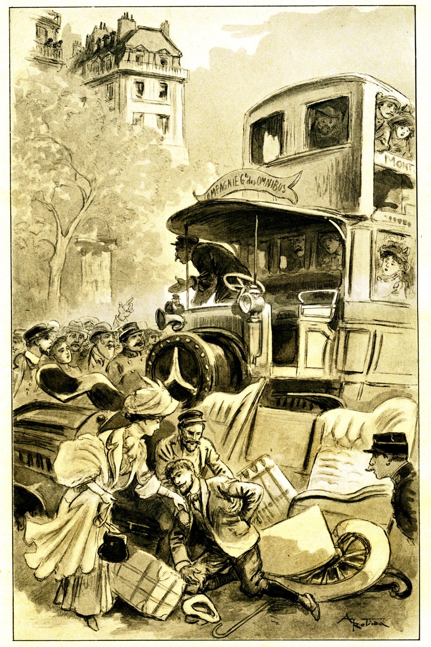 Ilustração de Albert Robida (1848-1926) para o livro de Leon Berthault "Le record du tour du monde", edição Mame estreia século XX (1911) - um acidente de viação em Paris por volta de 1900: carro atropelado por um autocarro. O condutor fica ferido - de Albert Robida