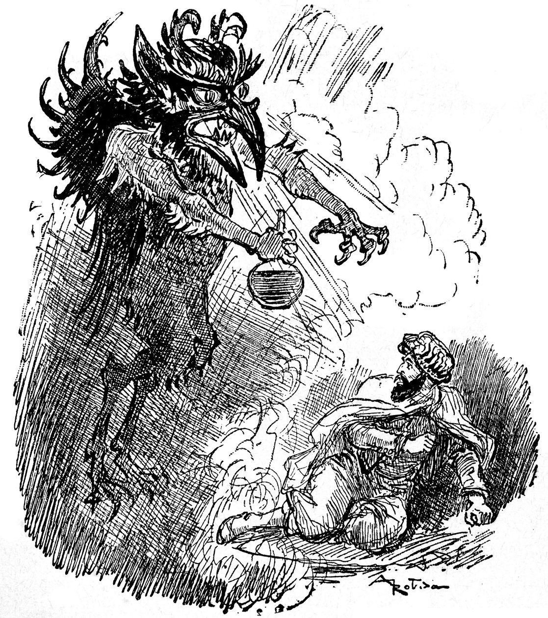 Ilustração de Albert Robida (1848-1926) de uma lenda árabe (1001 noites) (Contos das Mil e Uma Noites): um demónio horrível (génio do mal) oferece a um homem uma garrafa de vinho. gravura do livro "Choix de lectures" Armand Colin 1926. de Albert Robida