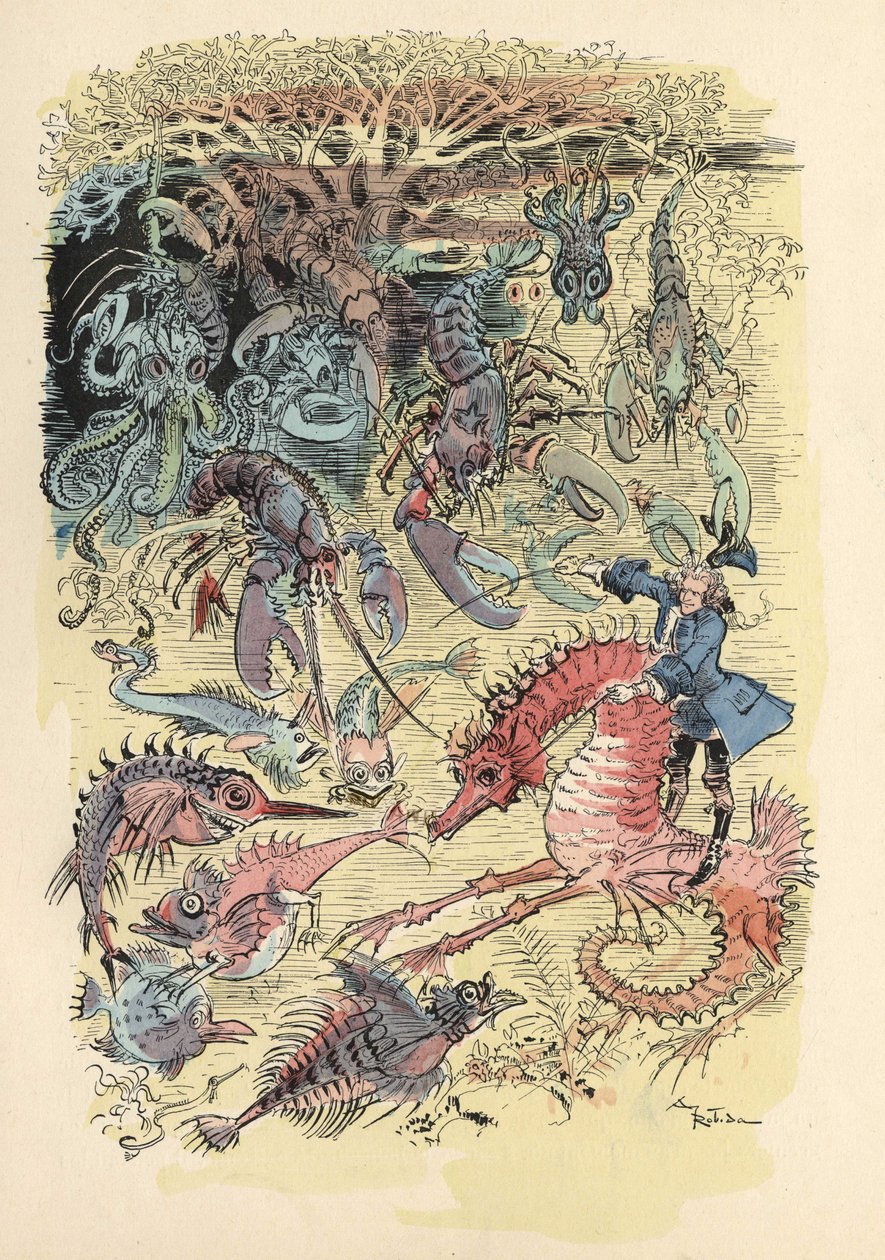 Ilustração de Albert Robida em História e Aventuras do Barão de Munchausen" (Munchhausen), H. Laurens Ed., final do século XIX". de Albert Robida
