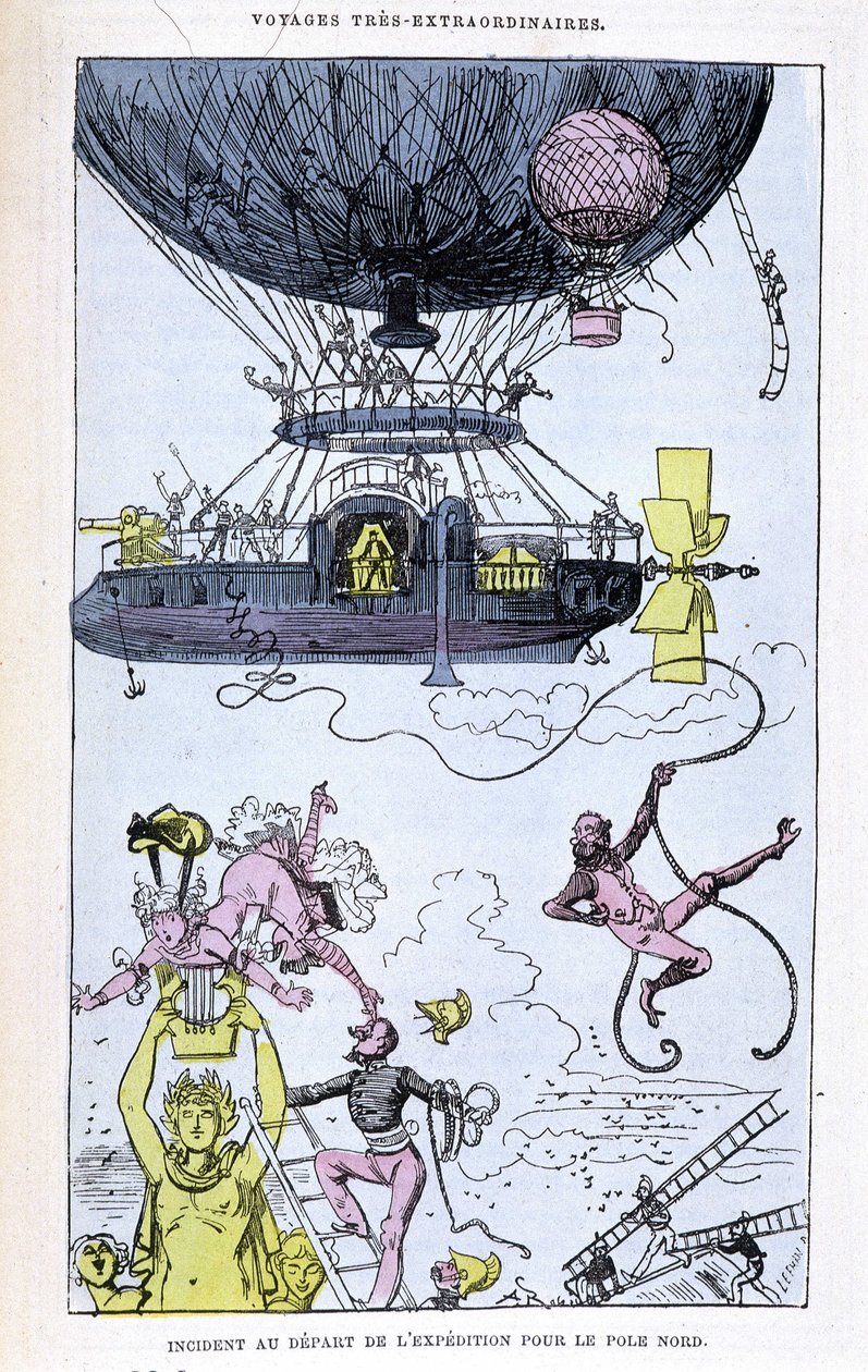 Incidente na partida da expedição ao Pólo Norte (aerostato e cenas malucas), paródia de Jules Verne, "Viagens muito extraordinárias de Saturnin Farandoul em 5 ou 6 partes do mundo e em todos os países conhecidos ou desconhecidos do Sr. Jules Verne". de Albert Robida