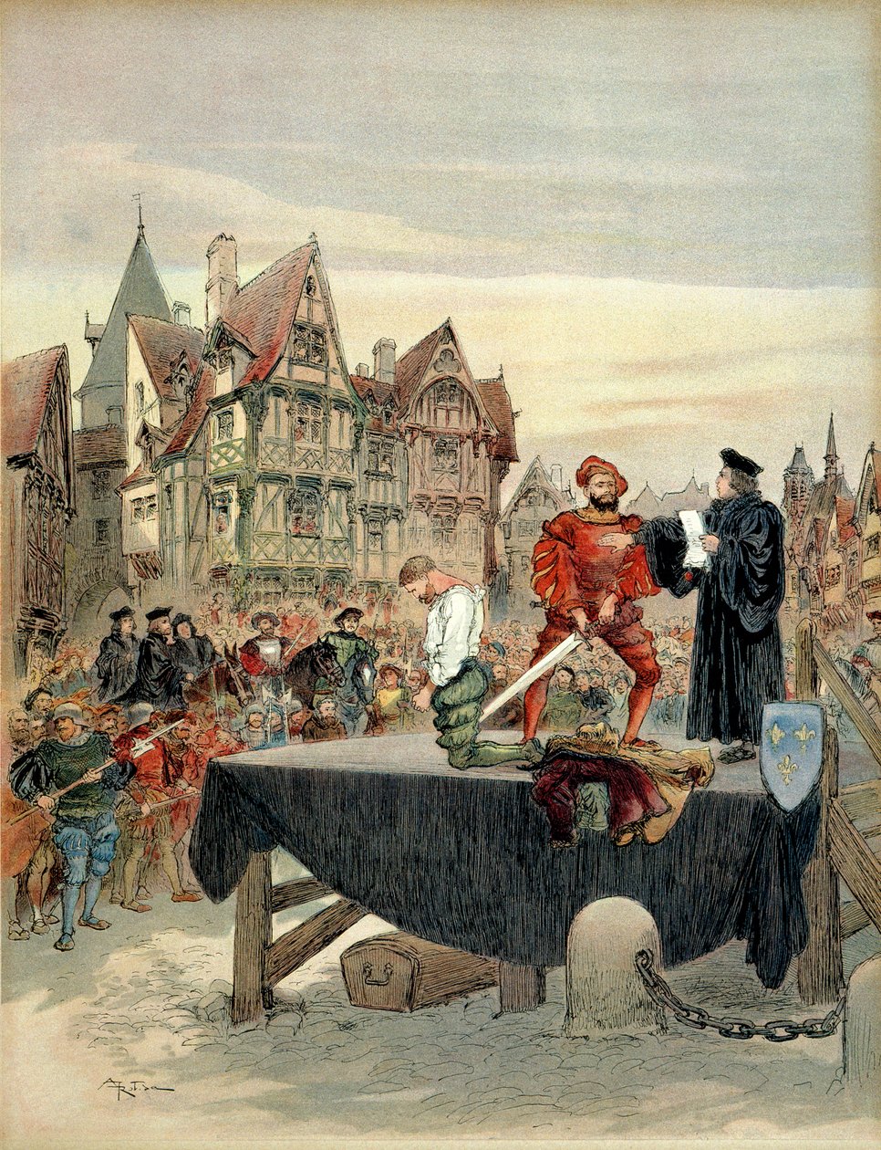 Jean de Poitiers, seigneur de Saint Vallier (ca. 1475-1539), capitão da guarda de Charles de Bourbon (1489-1537) foi gracie sobre o cadafalso em 1524. Ilustração de Albert Robida