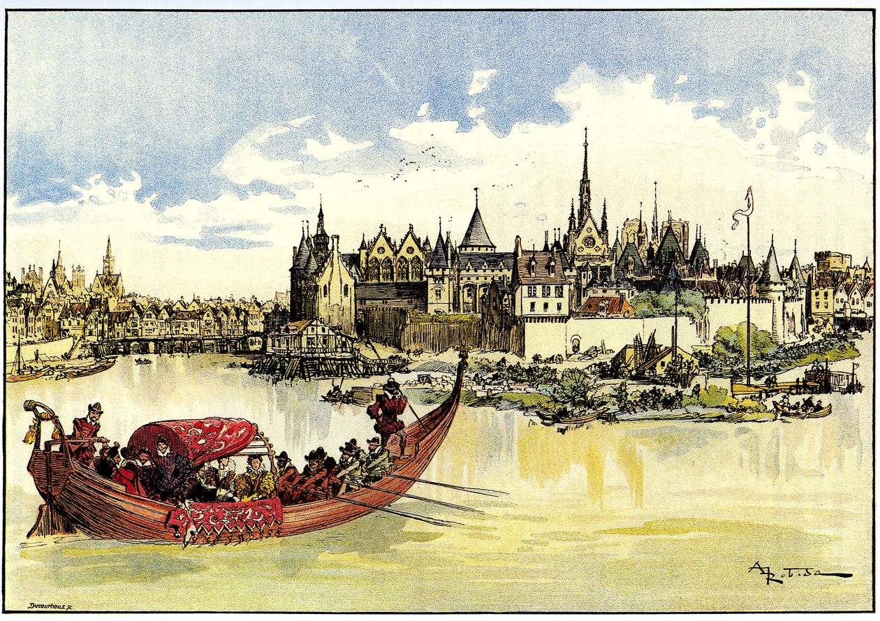 O rei Henrique III num barco lança a primeira pedra da Pont Neuf sobre o Sena, em Paris, a 31 de maio de Albert Robida