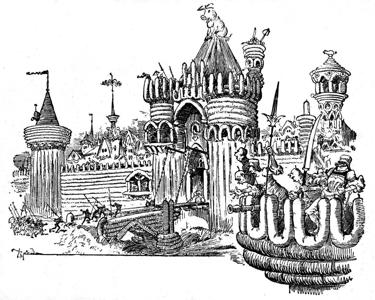 La Cite des Angouiles. As muralhas da cidade são feitas de pedaços de charcutaria (salsicha, pudim), um enorme porco está empoleirado no telhado de uma torre do portão de entrada. Ilustração de Albert Robida (1848-1926) para um episódio do Quarto Livre de  de Albert Robida