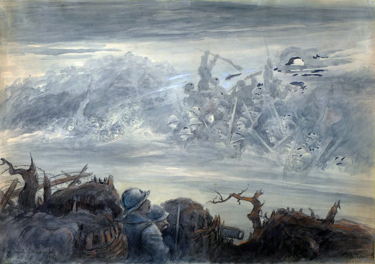 Le combat des ombres: poilus dans une tranchee imaginando um assalto de soldados fantasmagóricos de Albert Robida