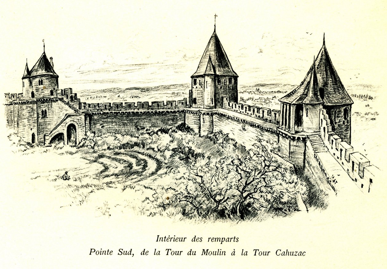 Cite Medievale de Carcassonne (Aude, Languedoc, país cátaro) - Interieur des ramparts, pointe sud, de la tour du Moulin au la tour Cahuzac - location du Theatre de plein air - gravura romântica de Albert Robida (1848-1926) num livro publicado no início do  de Albert Robida