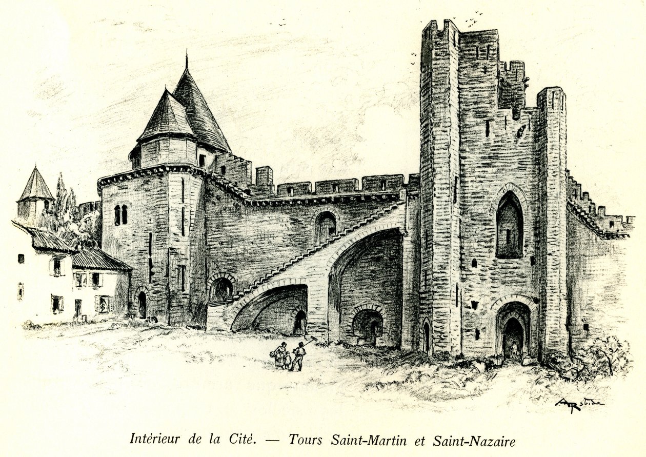 Cite Medievale de Carcassonne (Aude, Languedoc, Pays Cathare) - Tours Saint Martin (São Martinho) e Saint Nazaire (São Nazaire) com casas construídas contra as muralhas - gravura romântica de Albert Robida (1848-1926) num livro publicado no início da de Albert Robida