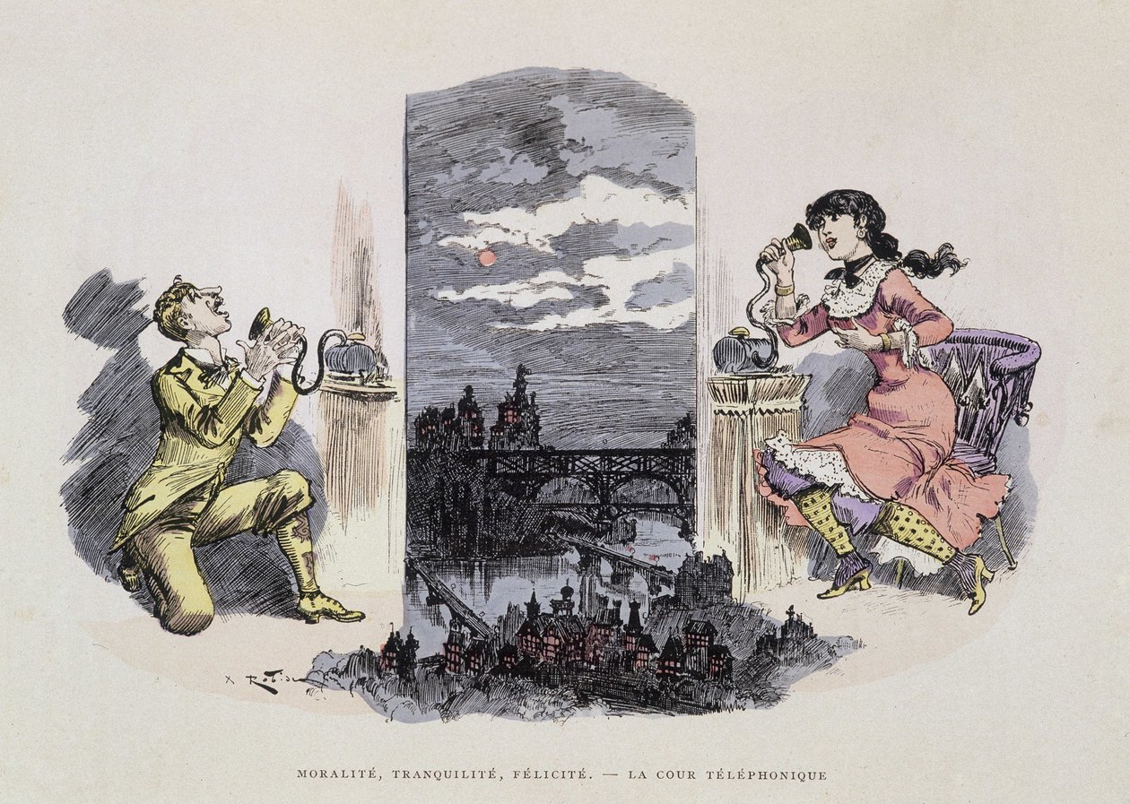 Moralidade, tranquilidade, felicidade - A corte telefónica, caricatura de Robida, sd. Século XIX de Albert Robida