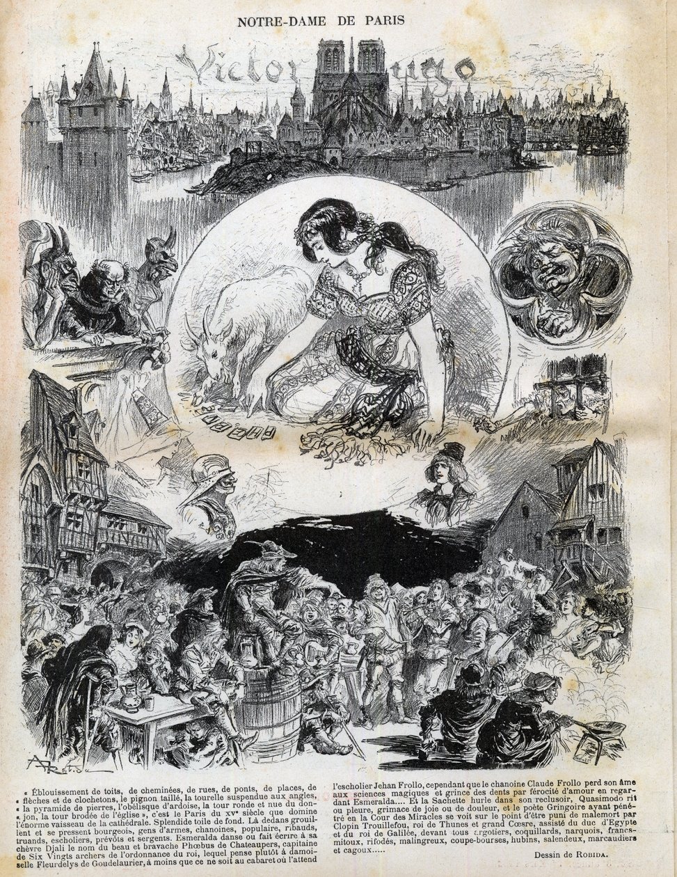 Notre Dame de Paris de Victor Hugo (1802-1885) (Notre-Dame de Paris) desenho de Albert Robida (1848-1926) em "Le rire" de 1902 de Albert Robida