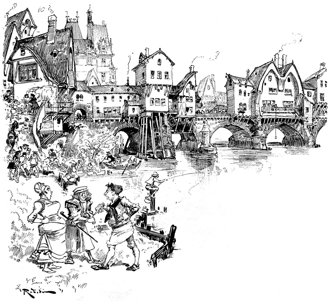 Paris: o Sena, ponte com casas, habitantes, parisienses, cenas da vida parisiense na Idade Média - arquitetura - habitat urbano - rio - ilustração de Albert Robida (1848-1926) de Albert Robida