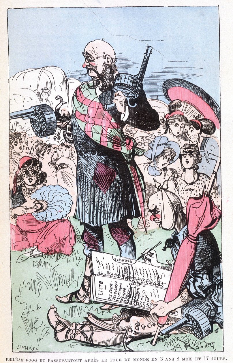 Philéas Fogg e Passepartout após a volta ao mundo em 3 anos 8 meses e 17 dias, paródia de Jules Verne, "Viagens muito extraordinárias de Saturnin Farandoul em 5 ou 6 partes do mundo e em todos os países conhecidos ou desconhecidos do Sr. Jules Verne" por de Albert Robida