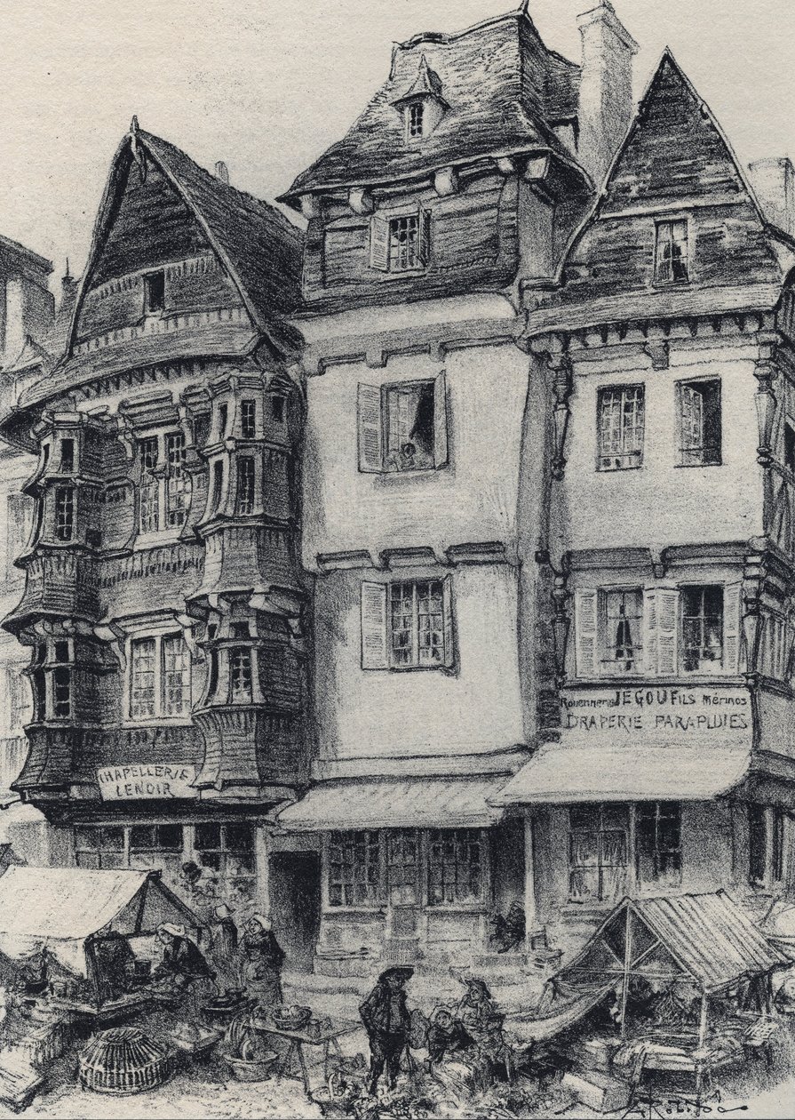 Place du marche em Lannion - La vieille France - La Bretagne - textos, desenhos e litografias, de Albert Robida (1848-1926) final do século XIX sem data de Albert Robida