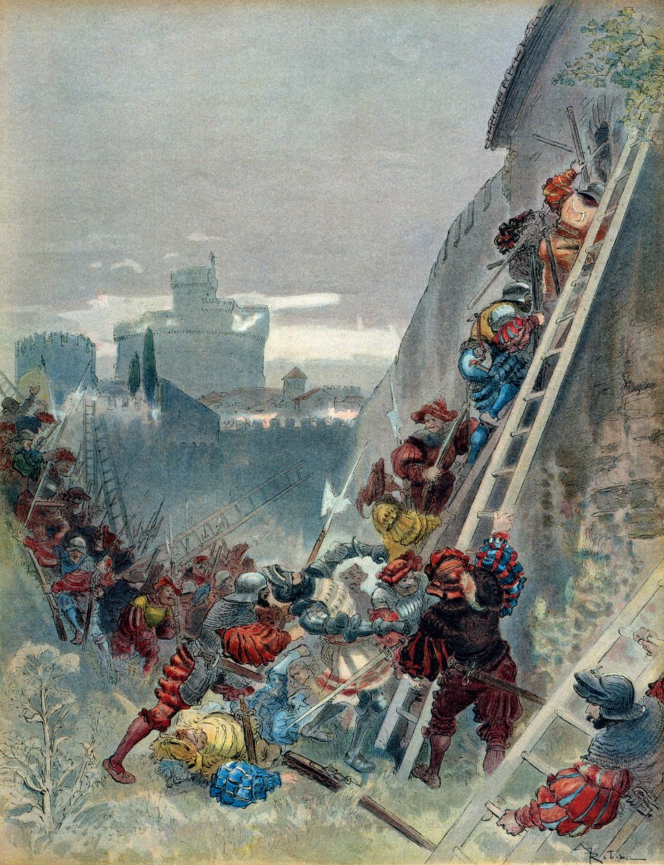 Sétima Guerra Italiana (1526-1529): Morte de Carlos III de Bourbon (1490-1527) no cerco de Roma, a 6 de Maio de 1527. Ilustração de Albert Robida