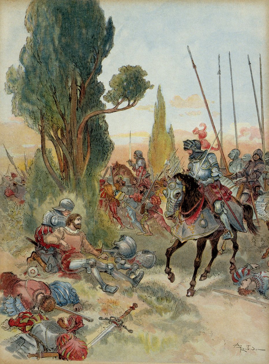 Sexta Guerra Italiana (1521-1526): Morte de Pierre Terrail de Bayard (1476-1524), ferido por uma greve de arquebus em Rebec (Itália), em 1524, Charles de Montpensier, connetable de Bourbon (1490-1527), enfrentou-o. Ilustração de Albert Robida