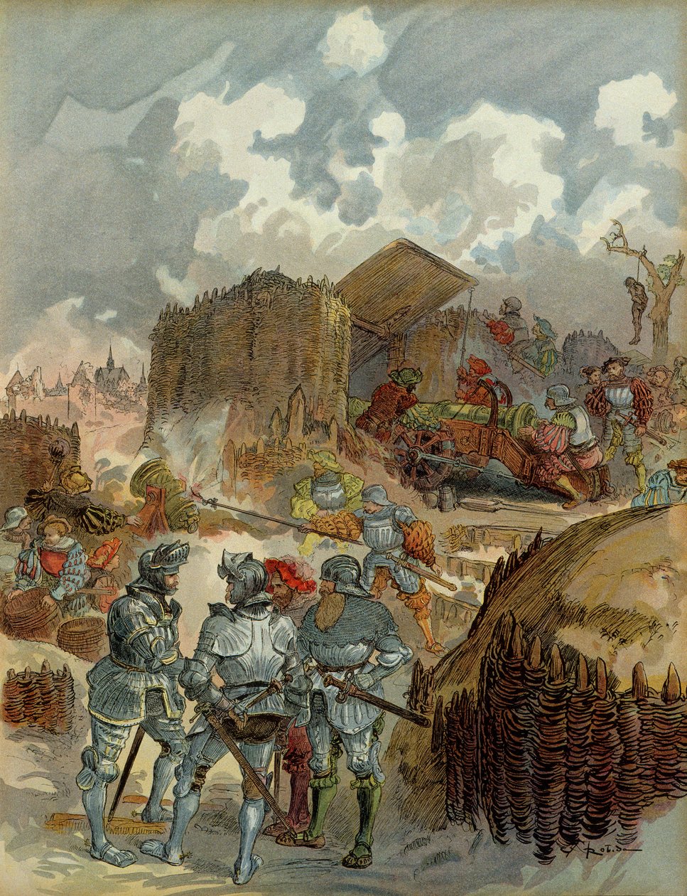 Sexta Guerra Italiana (1521-1526): Pierre Terrail de Bayard (1476-1524), na sede de Mezieres em 1521. Ilustração de Albert Robida