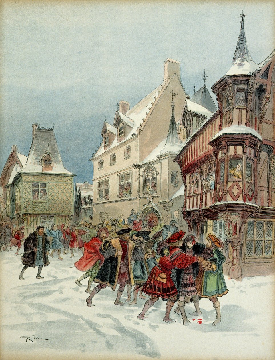 Snowball Battle em Romorantin (França). O rei François I (1494-1547) feriu o assalto à residência de Saint Pol em 6 de janeiro de Albert Robida