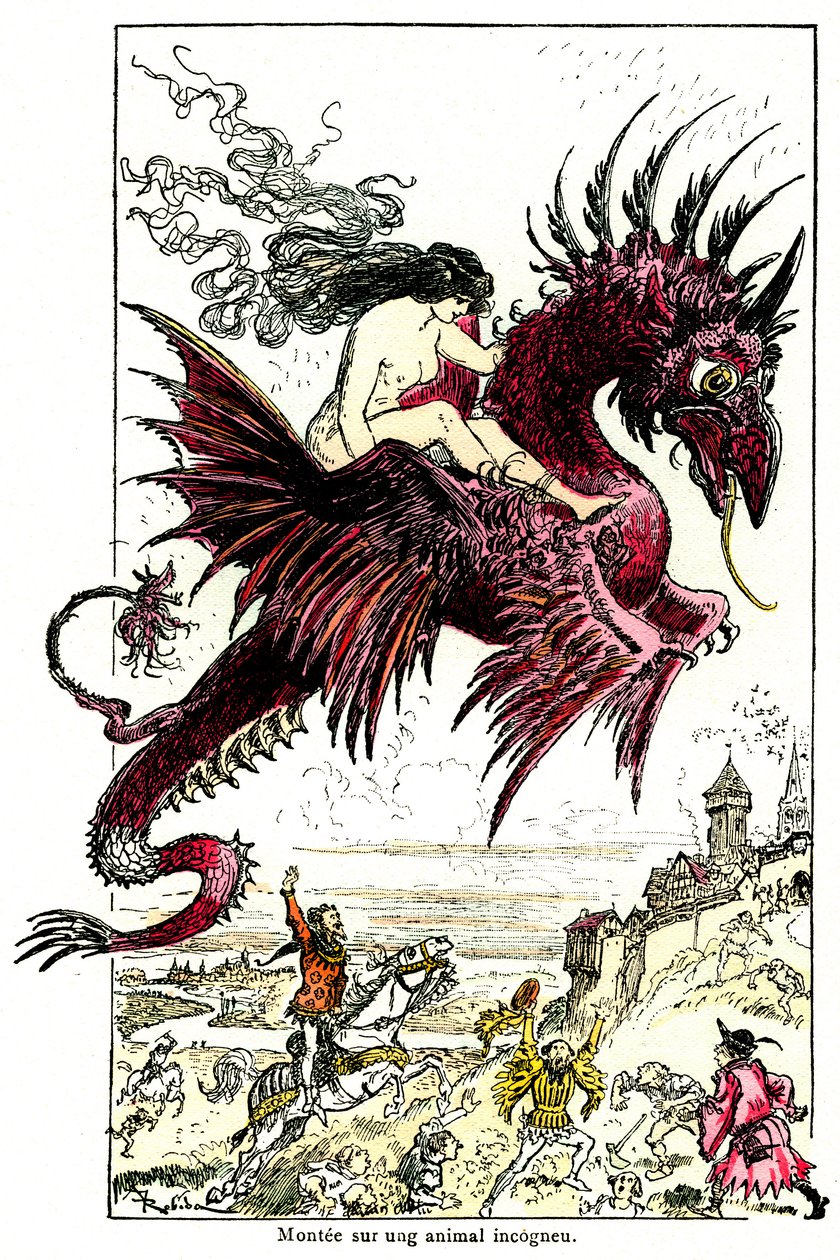 Súcubo: demónio feminino (mulher - feminino) montado num dragão - ilustração de Albert Robida para os Contos Drolatic de Honore de Balzac - início do século XX de Albert Robida