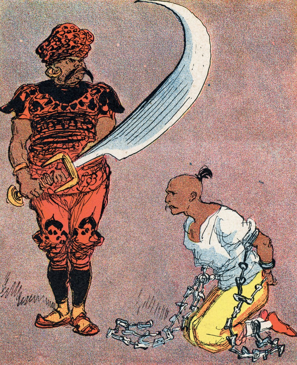 O Sultão ordena cortar a cabeça de Aladino Ilustração de Albert Robida (1848-1926) para o conto "Aladino e a maravilhosa lâmpada" em "les mille et une nuits" (Ilustração para o conto "Aladino" em "O Livro das Mil e Uma Noites ou" O Árabe de Albert Robida