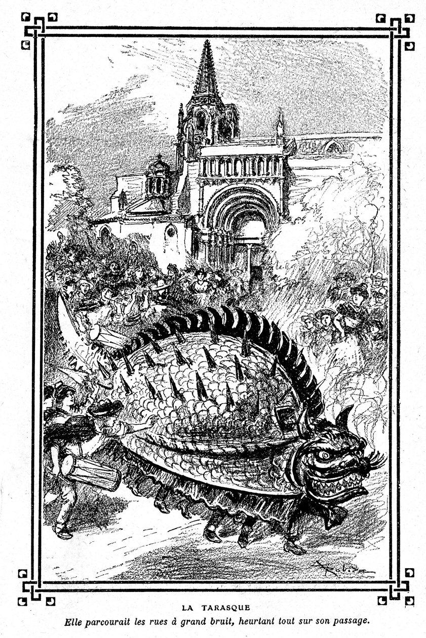 O Tarasque de Tarascon, monstro fabuloso do folclore da Provença: ilustração de Albert Robida do livro escolar "Escolha de leituras" de A Mironneau, Librairie Armand Colin 1911 - de Albert Robida