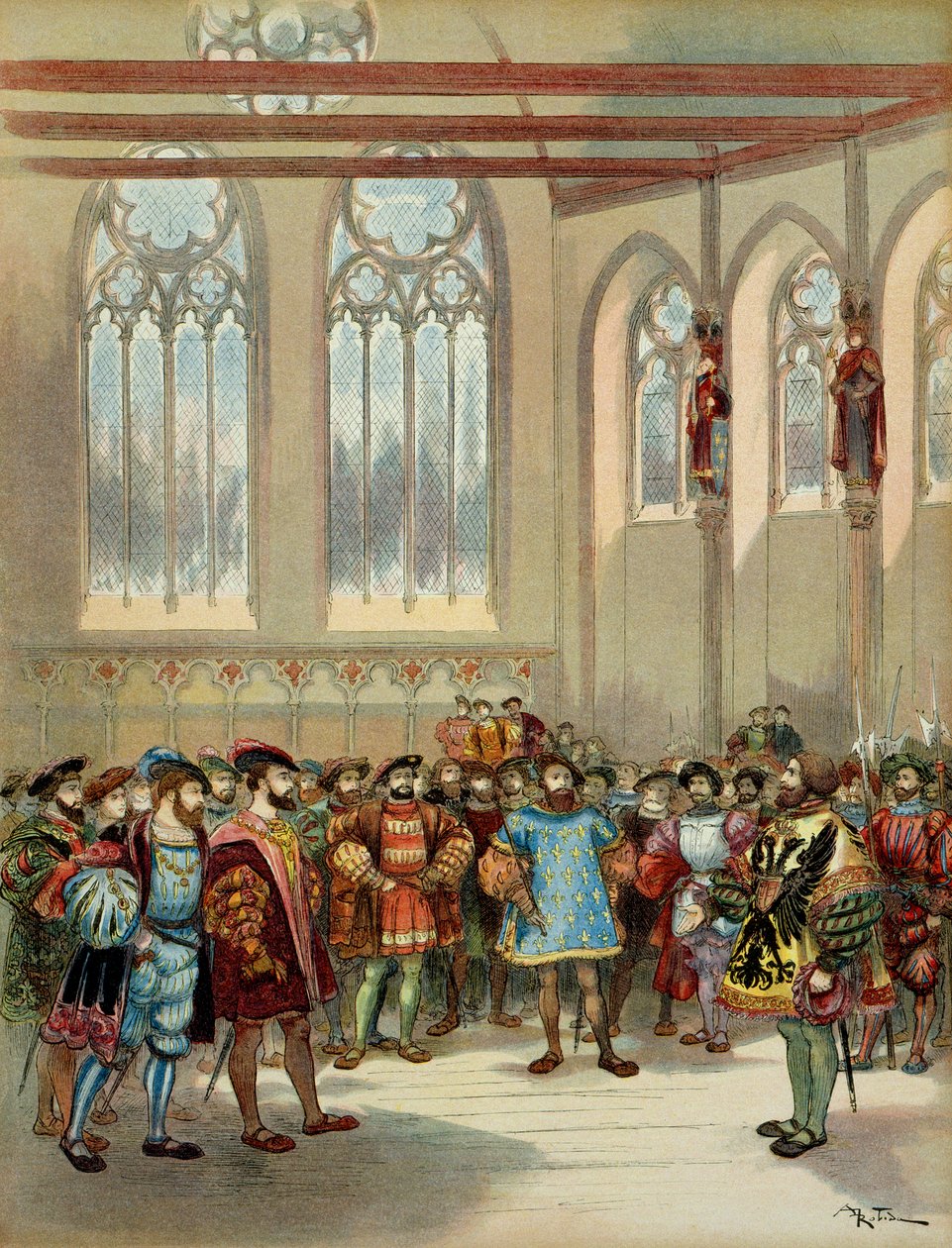 A cabana da Borgonha, enviada por Carlos V (1500-1558), foi recebida por François I (1494-1547) na grande sala do Parlamentoarom em Paris, na primeira metade do século XVI. Ilustração de Albert Robida
