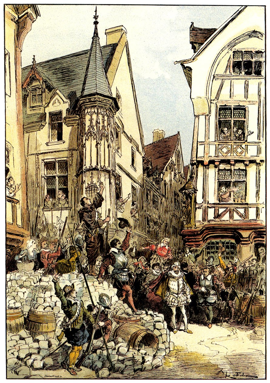 O duque de Guise é aplaudido pela multidão e pelos soldados do regimento Gardes Francaises em Paris, no dia da barricada de Albert Robida