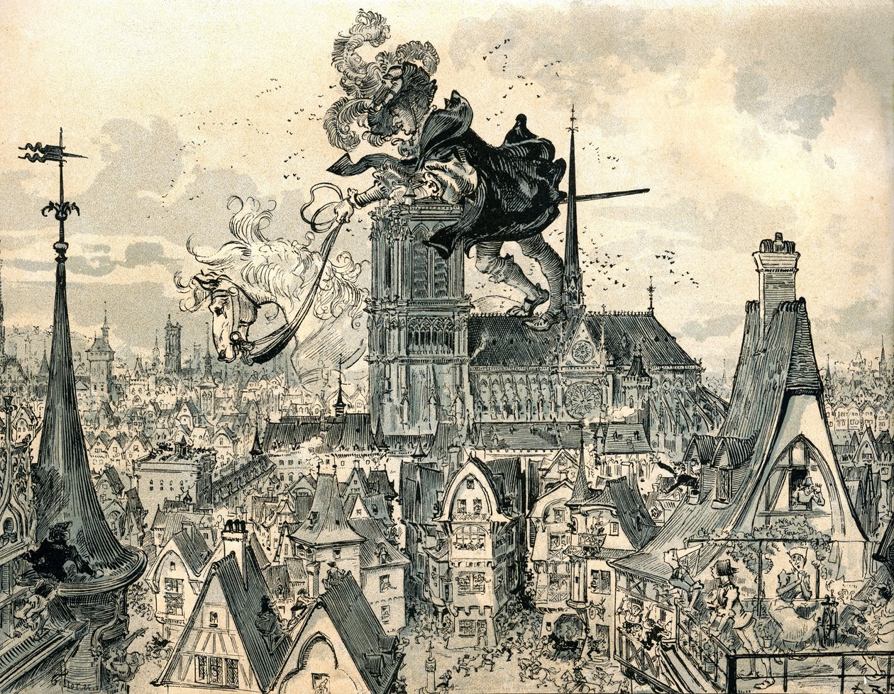 O gigante Gargantua pula de seu cavalo de Albert Robida