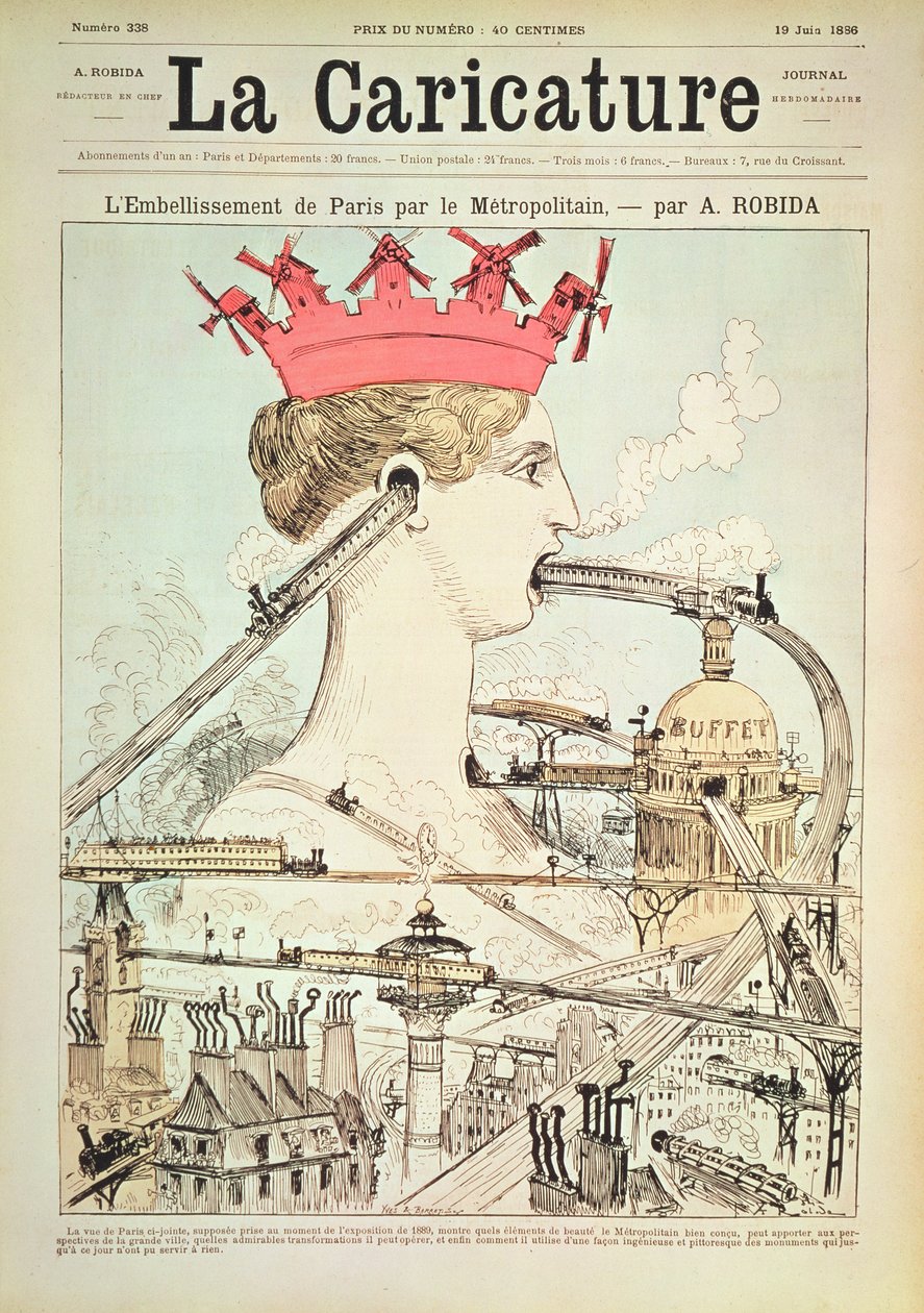 A melhoria para Paris pelo Metro, de &39;La Caricature&39;, 19 de junho de 1886 (cor lito) de Albert Robida