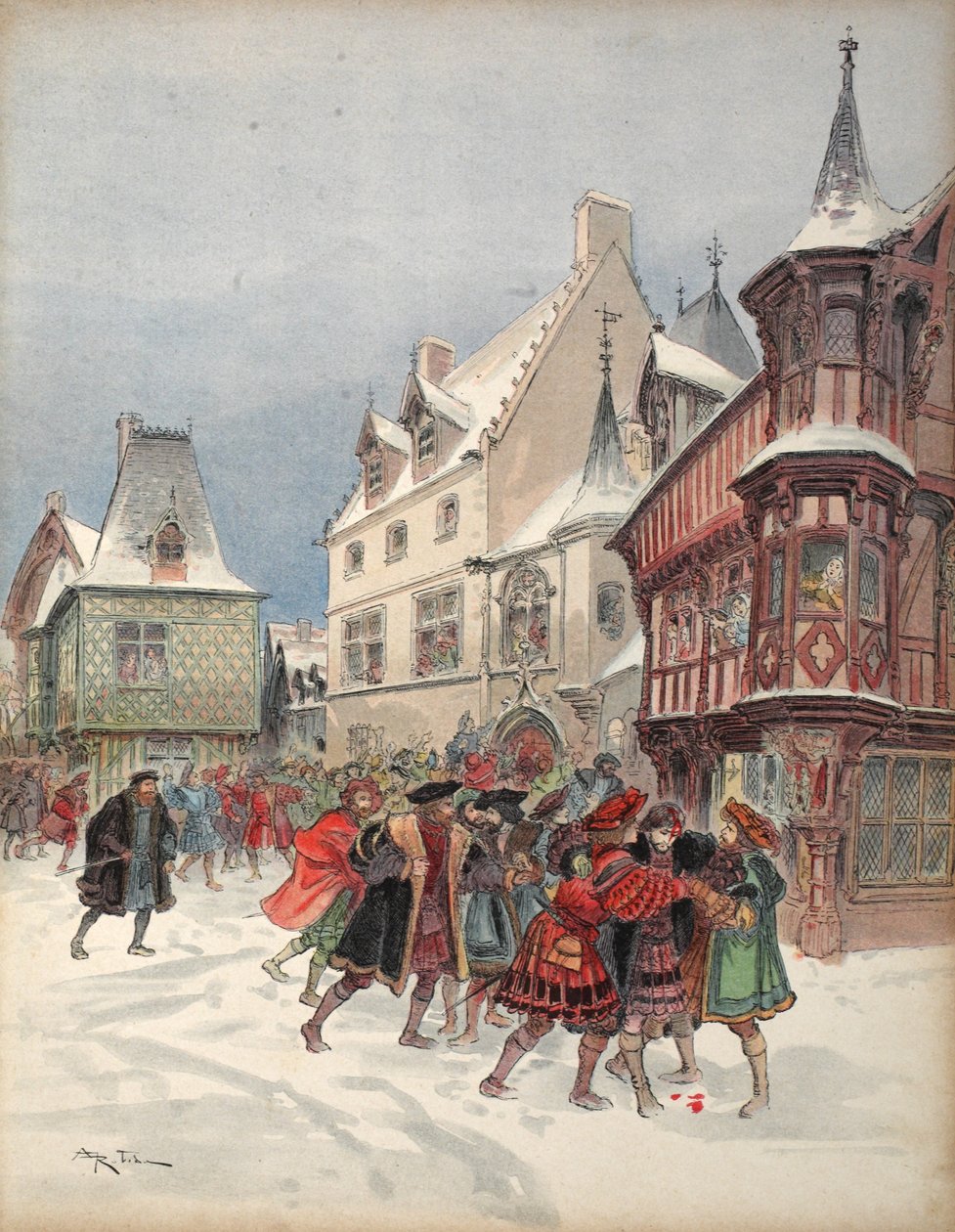 O rei feriu durante uma batalha simulada na casa de St. Pol em Romorantin, ilustração de "François Ier: Le Roi Chevalier", de George G. Toudouze, pub. 1909 de Albert Robida