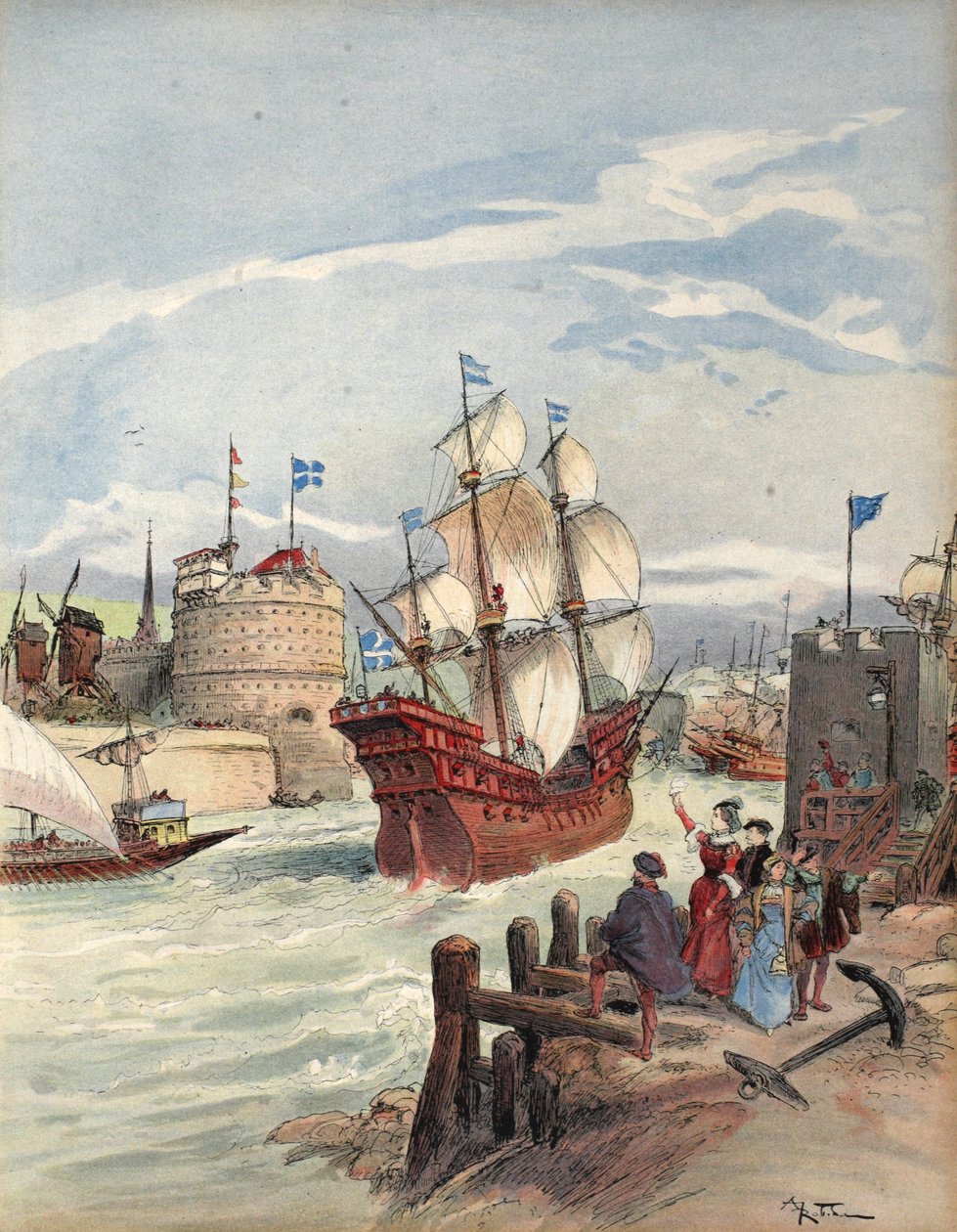 A Frota do Rei em Havre: A Bela Françoise, ilustração de François I: O Cavaleiro do Rei, de George G. Toudouze, pub. 1909 de Albert Robida