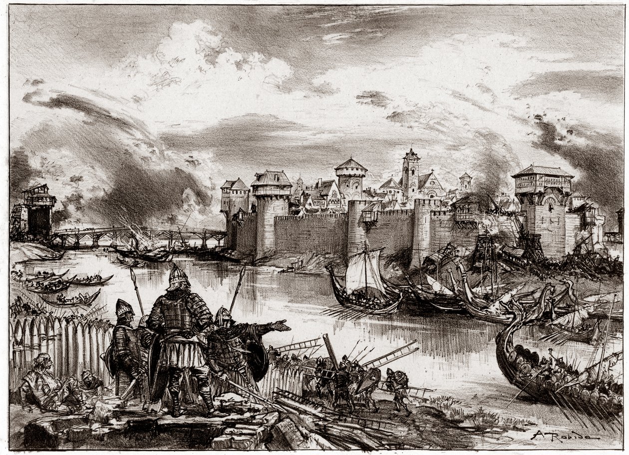 Os vikings, piratas normandos comandados pelo seu líder Siegfried, sitiam Paris (gravura) de Albert Robida