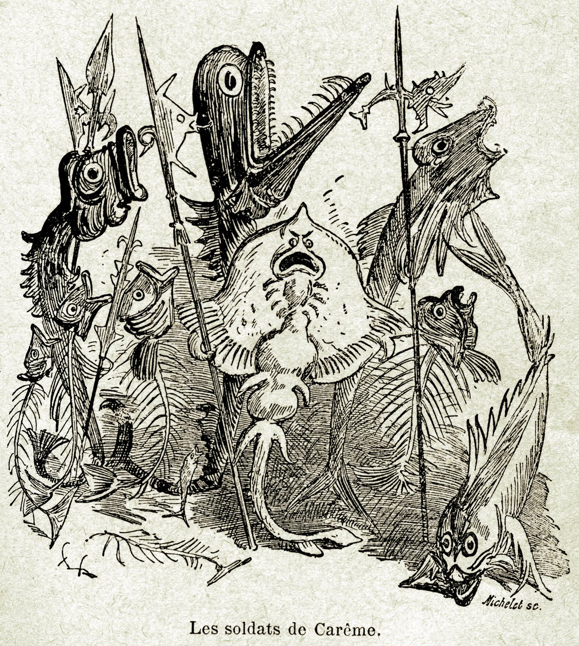 O exército de Quaresmeprenant. Os soldados são representados como peixes, alguns dos quais têm apenas as aretes, por referência à refeição magra (jovem) de Careme. Ilustração de Albert Robida (1848-1926) para um episódio do Quarto Livre de François Rabelai de Albert Robida