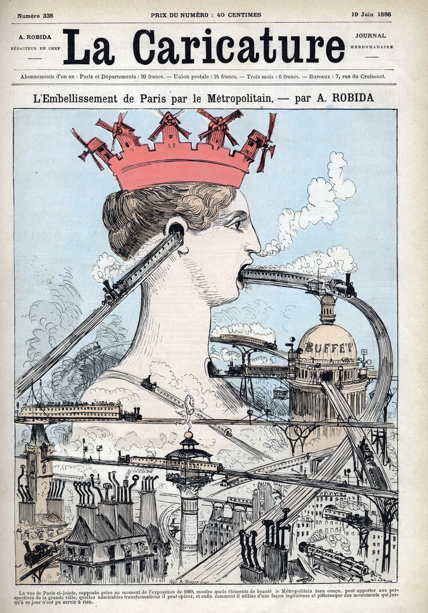 O embelezamento de Paris pelo metrô, ilustração de antecipação de Albert Robida (1848-1926), em "La Caricature" de 19/06/1886 de Albert Robida