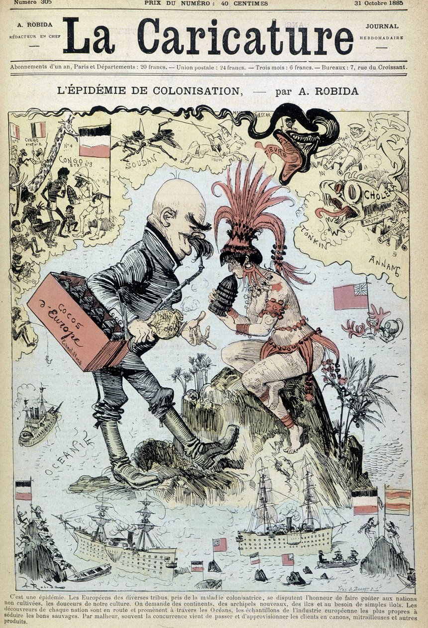 A epidemia de colonização: desenho anticolonialista de Robida - em "La Caricature" de 31/10/1885 de Albert Robida