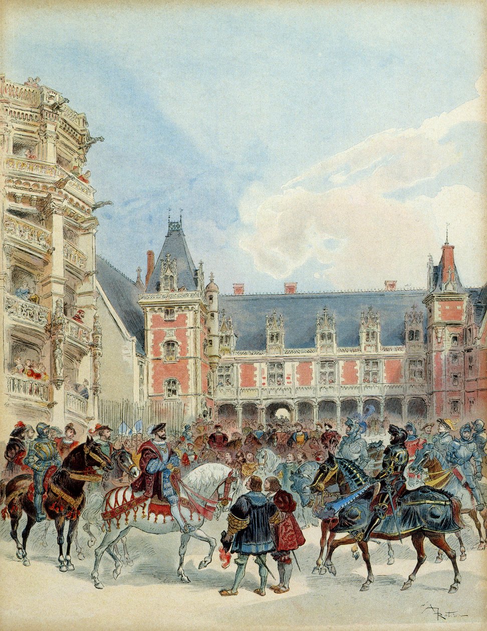 A corte de François I (1494-1547) no castelo real de Blois, antes de 1524. Ilustração de Albert Robida