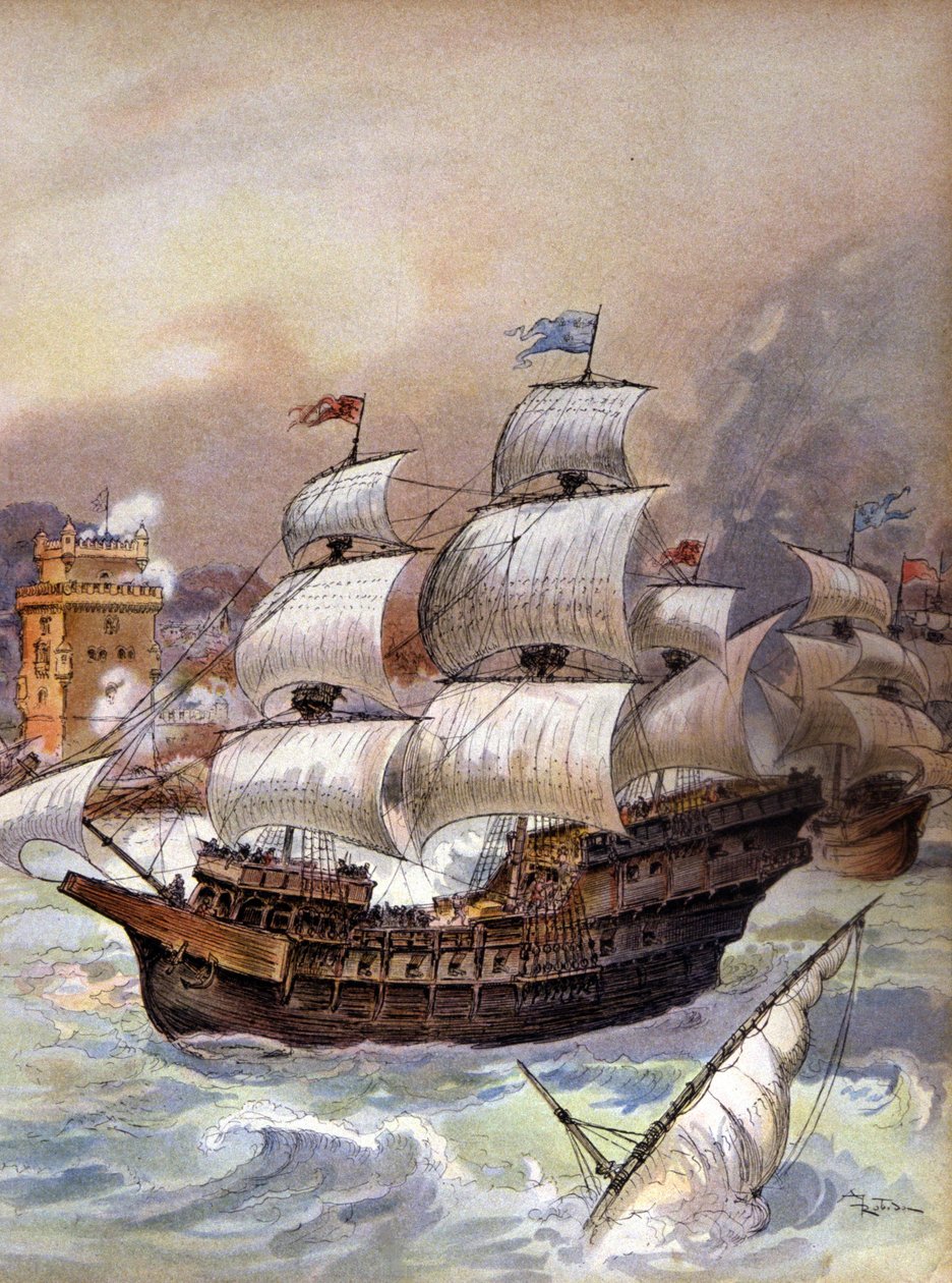 A frota de Jean Ango bloqueia o Tejo e ameaça Lisboa, c.1909 (ilustração) de Albert Robida
