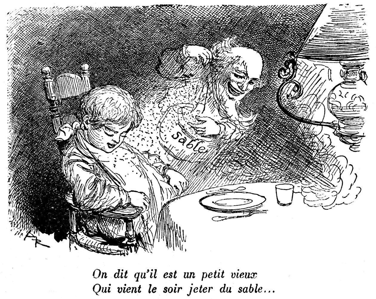 O mercador de areia já passou! Criança a dormir depois de comer. Dormir. "Dizem que é um velhinho que vem atirar areia à noite..." Desenho de Albert Robida (1848-1926) num livro de leituras infantis 1920-1930. de Albert Robida