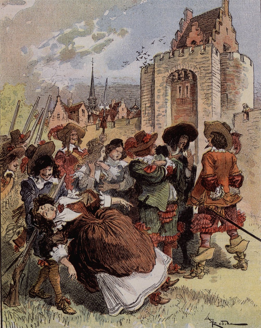 A timidez do Capitão Bellormeau - "Madame de Malicorne caiu nos braços de um sargento". Personagem do livro de Albert Robida. Capa "O Pequeno Francês ilustrado" de 20/01/1900. de Albert Robida