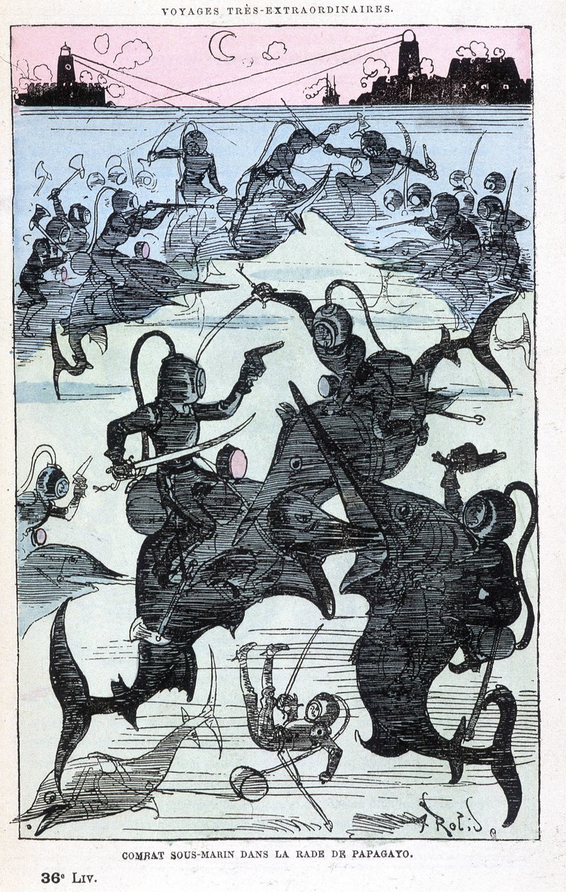 Combate submarino na baía de Papagayo (scaphandlers riding fish), paródia de Jules Verne, "Viagens muito extraordinárias de Saturnin Farandoul em 5 ou 6 partes do mundo e em todos os países conhecidos ou desconhecidos do Sr. Jules Verne" por Robida, Paris de Albert Robida