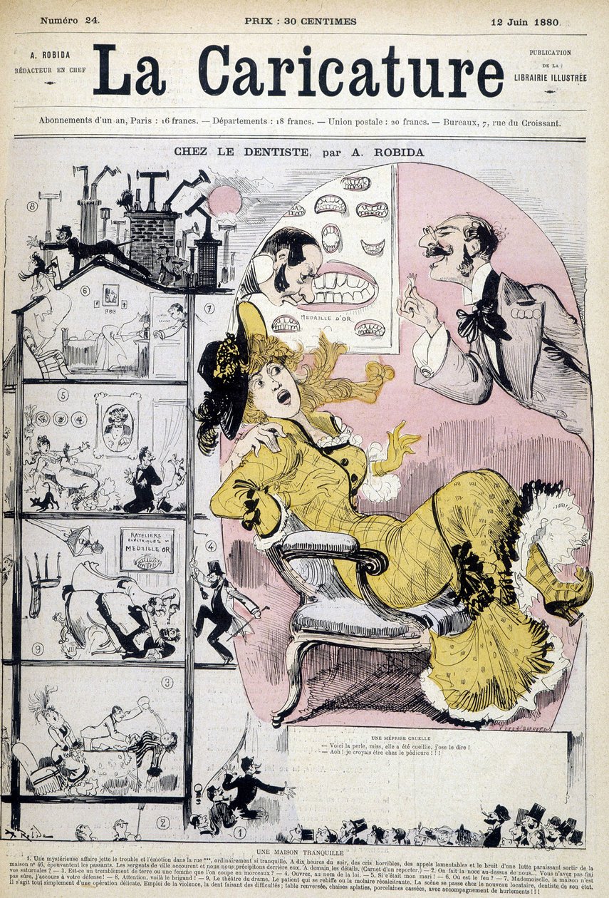 Mulher no dentista - por Robida, em "La caricature" de 06/12/1880. de Albert Robida