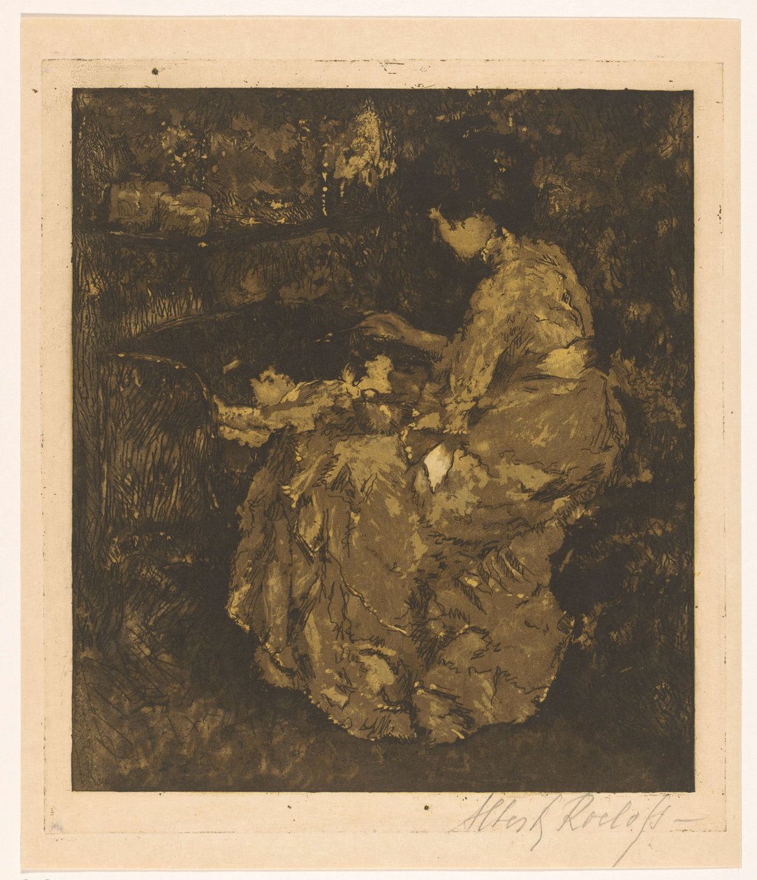 Mulher alimentando uma criança em um mingau de berço de Albert Roelofs (signed by artist)