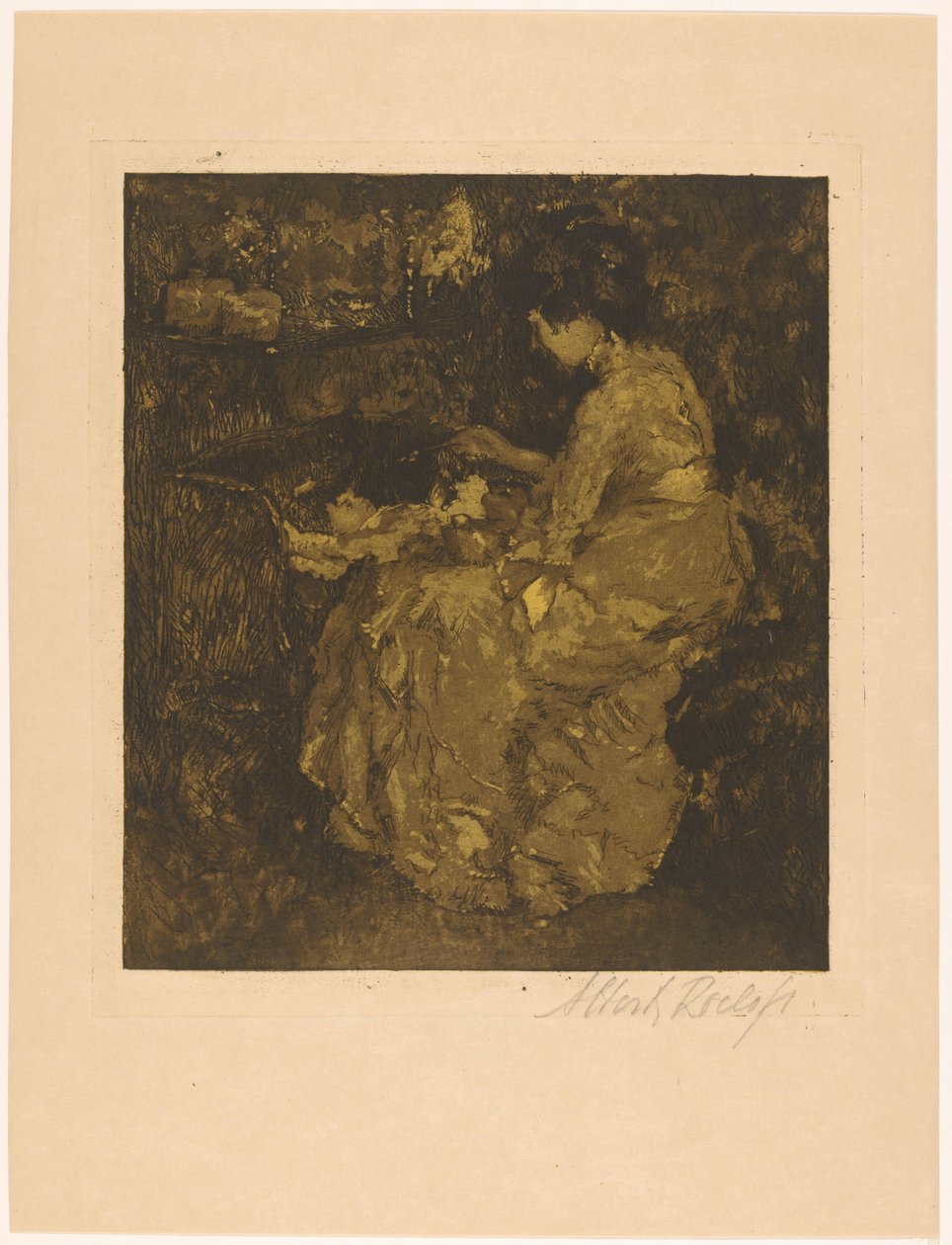 Mulher a alimentar uma criança com papas num berço de Albert Roelofs (signed by artist)