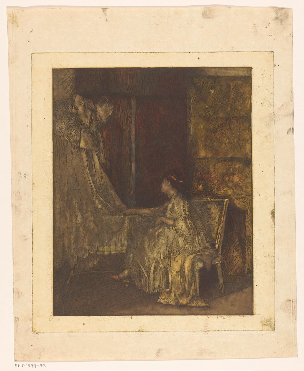 Mulher sentada em uma cadeira ao lado de um berço de Albert Roelofs