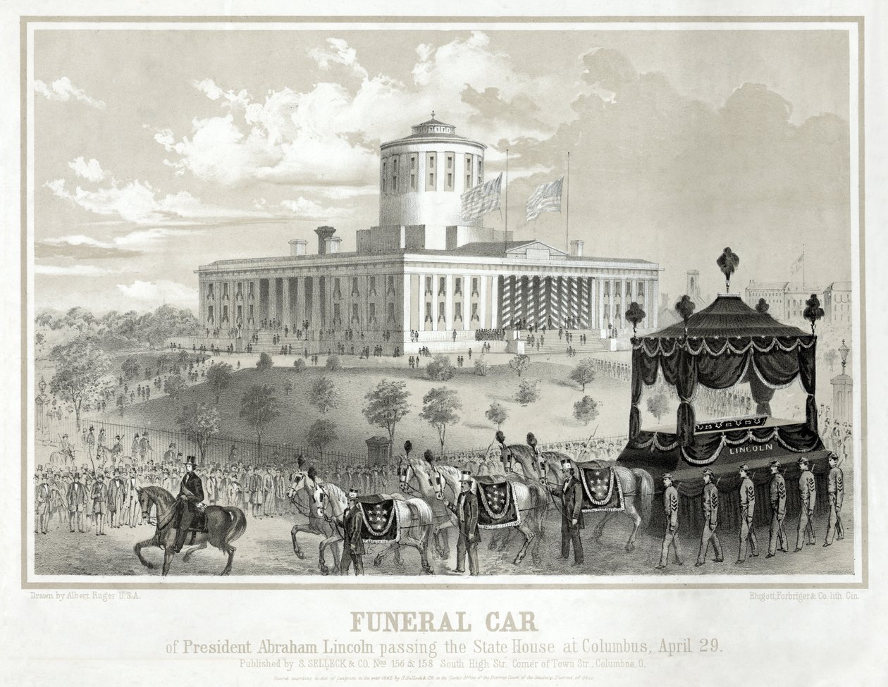 Carro funerário do Presidente Abraham Lincoln passando pela Casa de Estado em Columbus, 29 de abril, pub. 1865 (gravura) de Albert Ruger