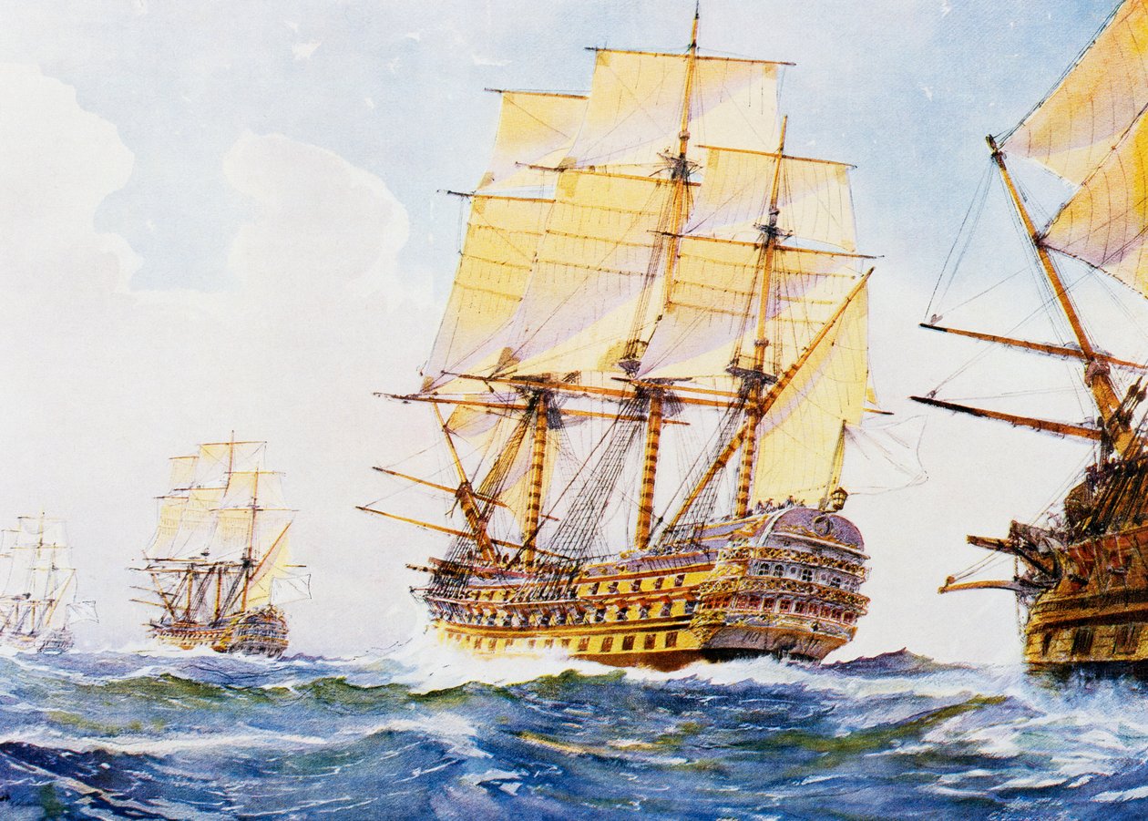 Navios do século XVIII em fila indiana, com o leme virado para estibordo, aguarela de Albert Sebille (1874-1953), século XX de Albert Sébille