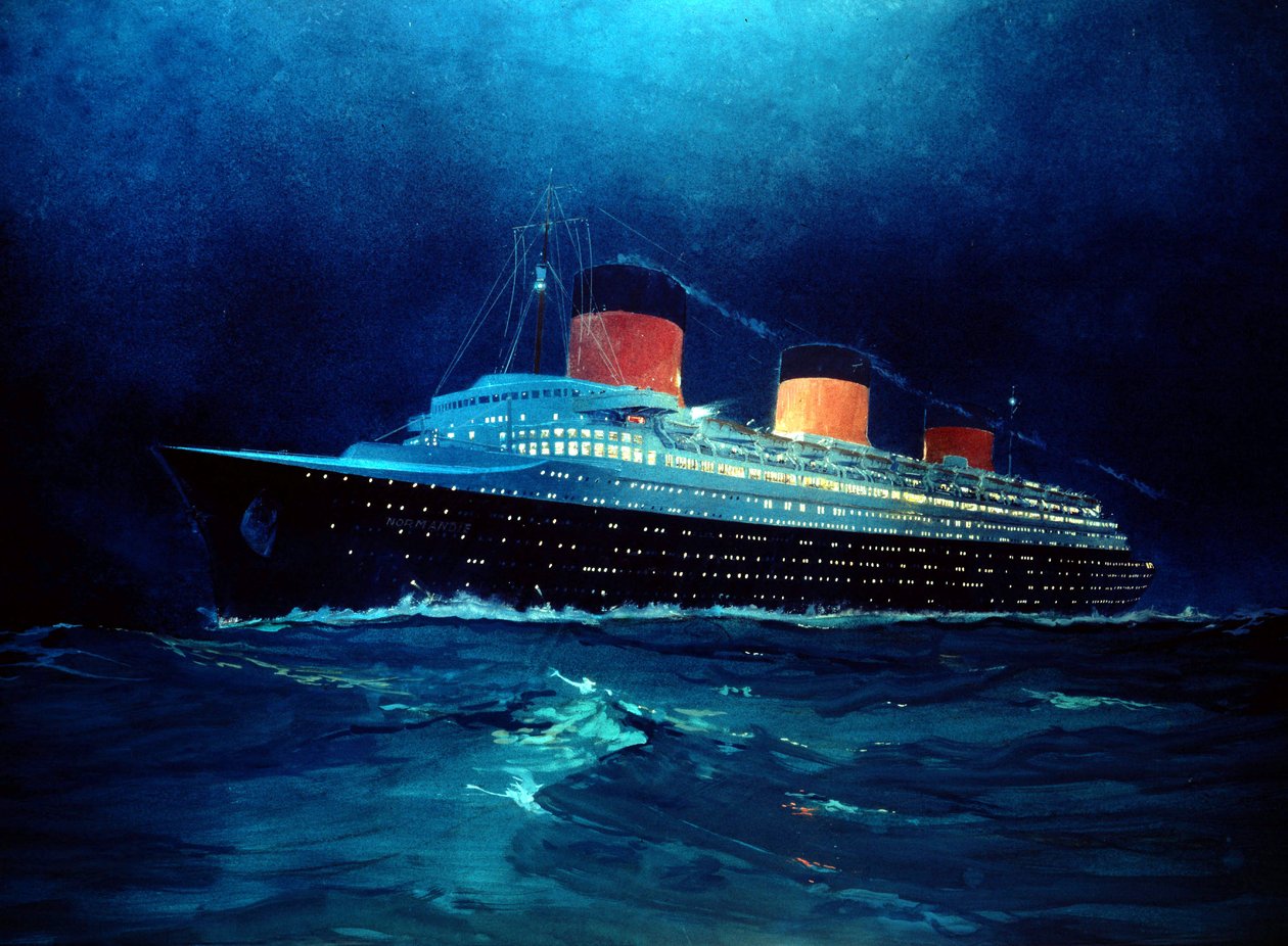 O transatlântico francês Normandy durante a travessia nocturna, século XX (pintura) de Albert Sébille