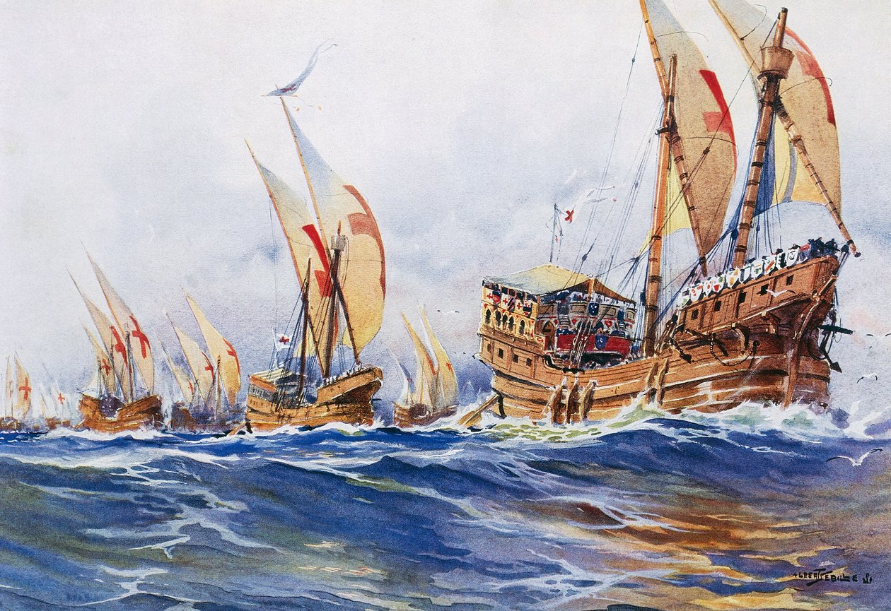 Navios franceses do rei Luís IX durante a oitava cruzada em 1268, aguarela de Albert Sebille (1874-1953) de Albert Sébille