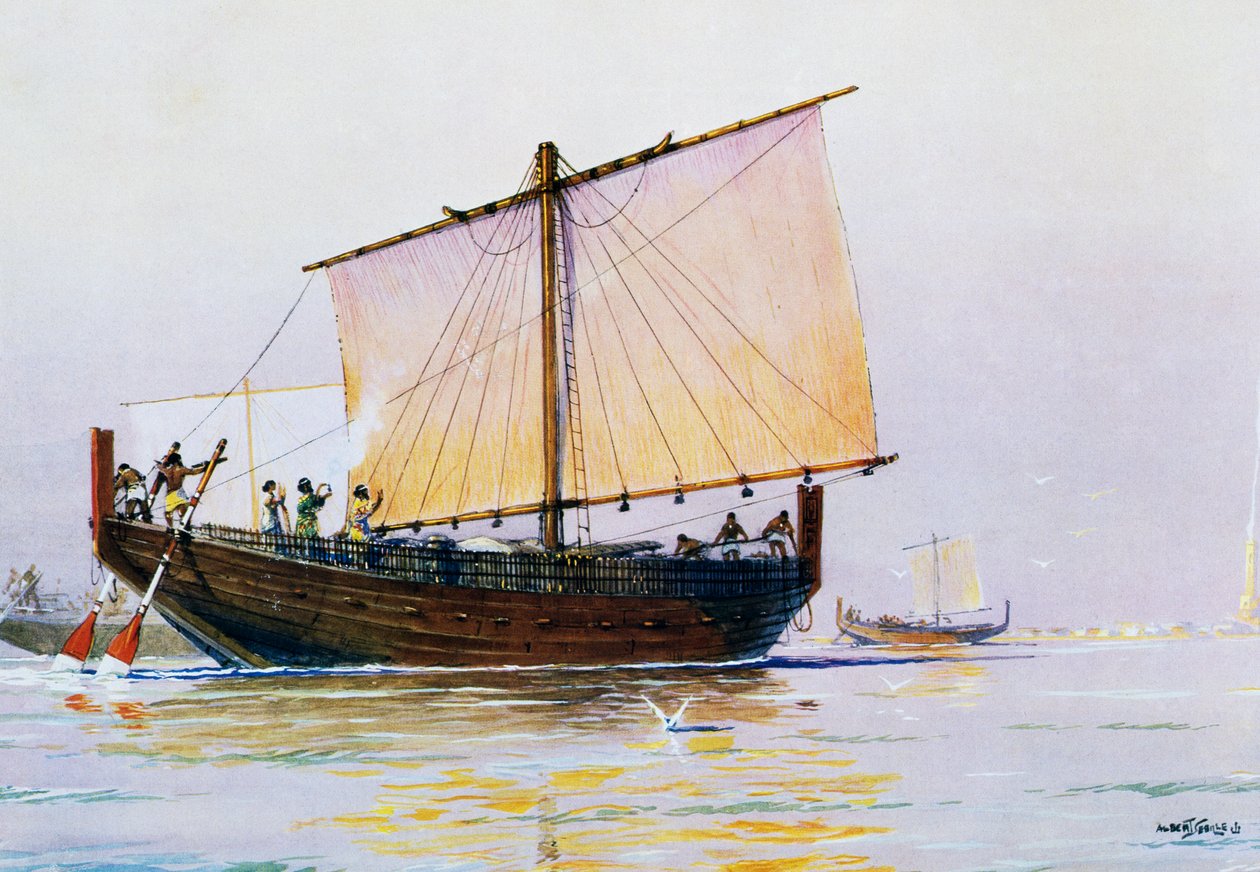 Navio mercante fenício chegando a Pharos, aquarela de Albert Sebille (1874-1953), século XX de Albert Sébille
