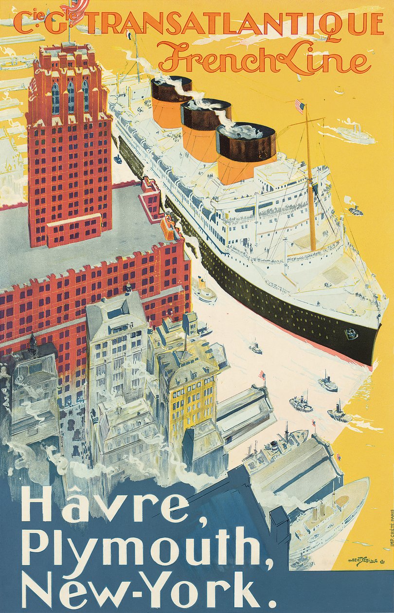 Cartaz publicitário da linha Le Havre-Plymouth-Nova Iorque da companhia de navegação Companie Generale Transatlantigue, conhecida como a "Linha Francesa" (litografia a cores) de Albert Sébille